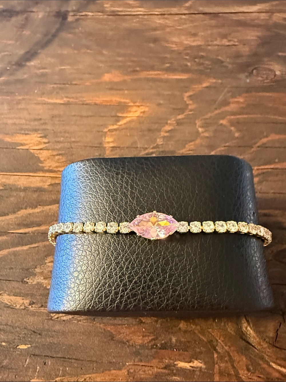 Gold Plated Dainty Tennis Bracelet with Pink Marquise Center Stone